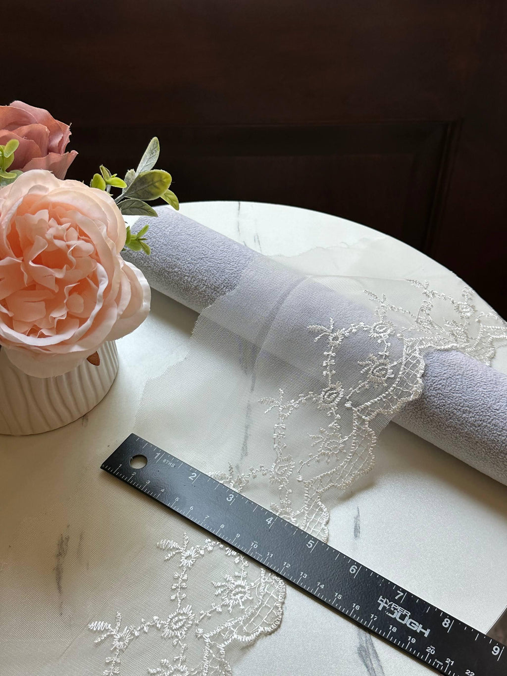 Ivory Organza Embroidered Lace Trim by Yard, Structured Floral Scalloped Ribbon, 5" Wide 3" Embroidery, Retail Wholesale Bulk