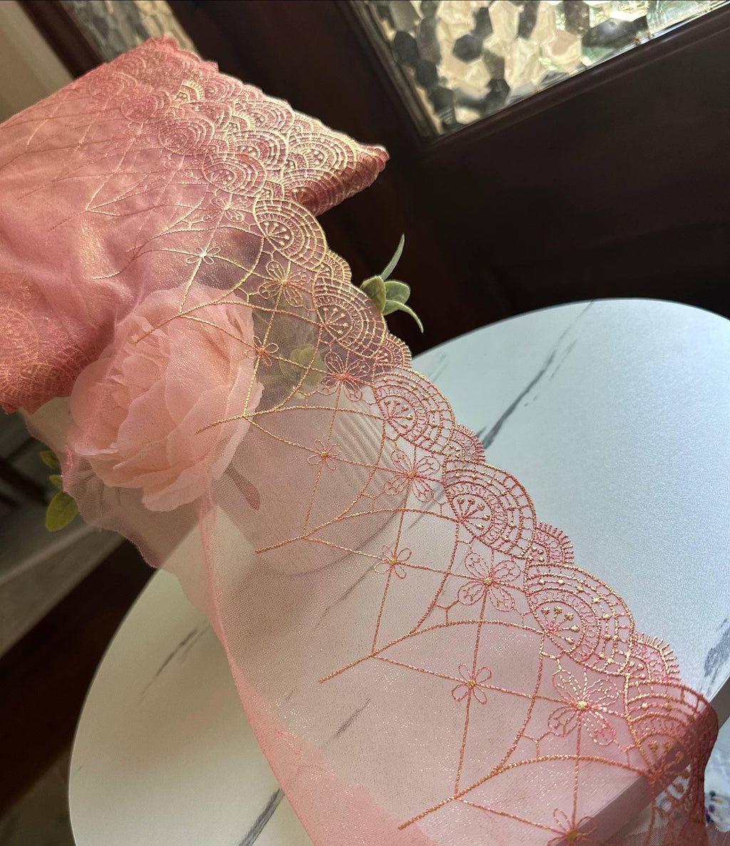 Iridescent Mermaid Pink Gold Embroidered Mesh Lace Trim by Yard, Shimmering Scalloped Tulle Ribbon, 6", Retail Wholesale Bulk