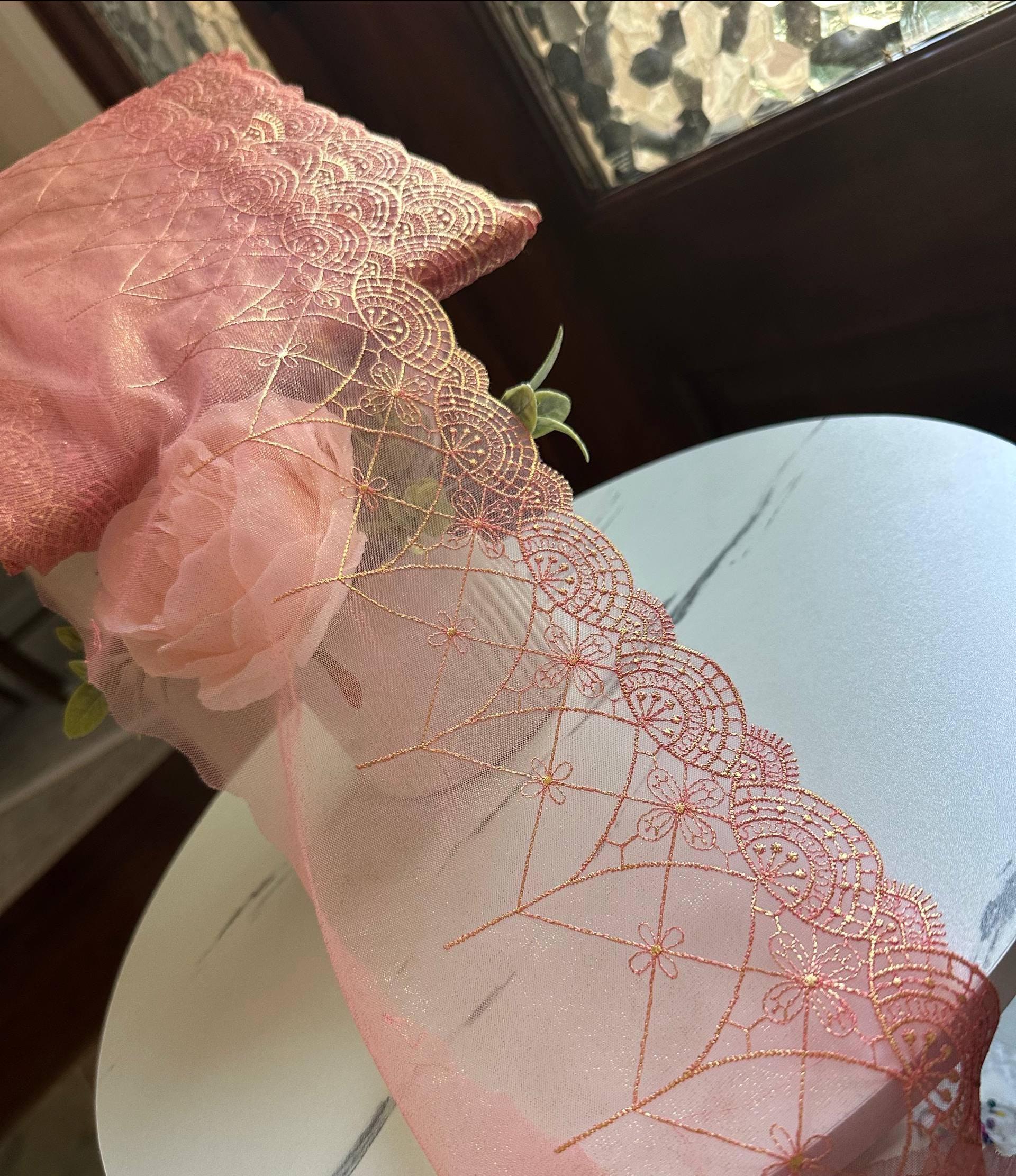 Iridescent Mermaid Pink Gold Embroidered Mesh Lace Trim by Yard, Shimmering Scalloped Tulle Ribbon, 6", Retail Wholesale Bulk
