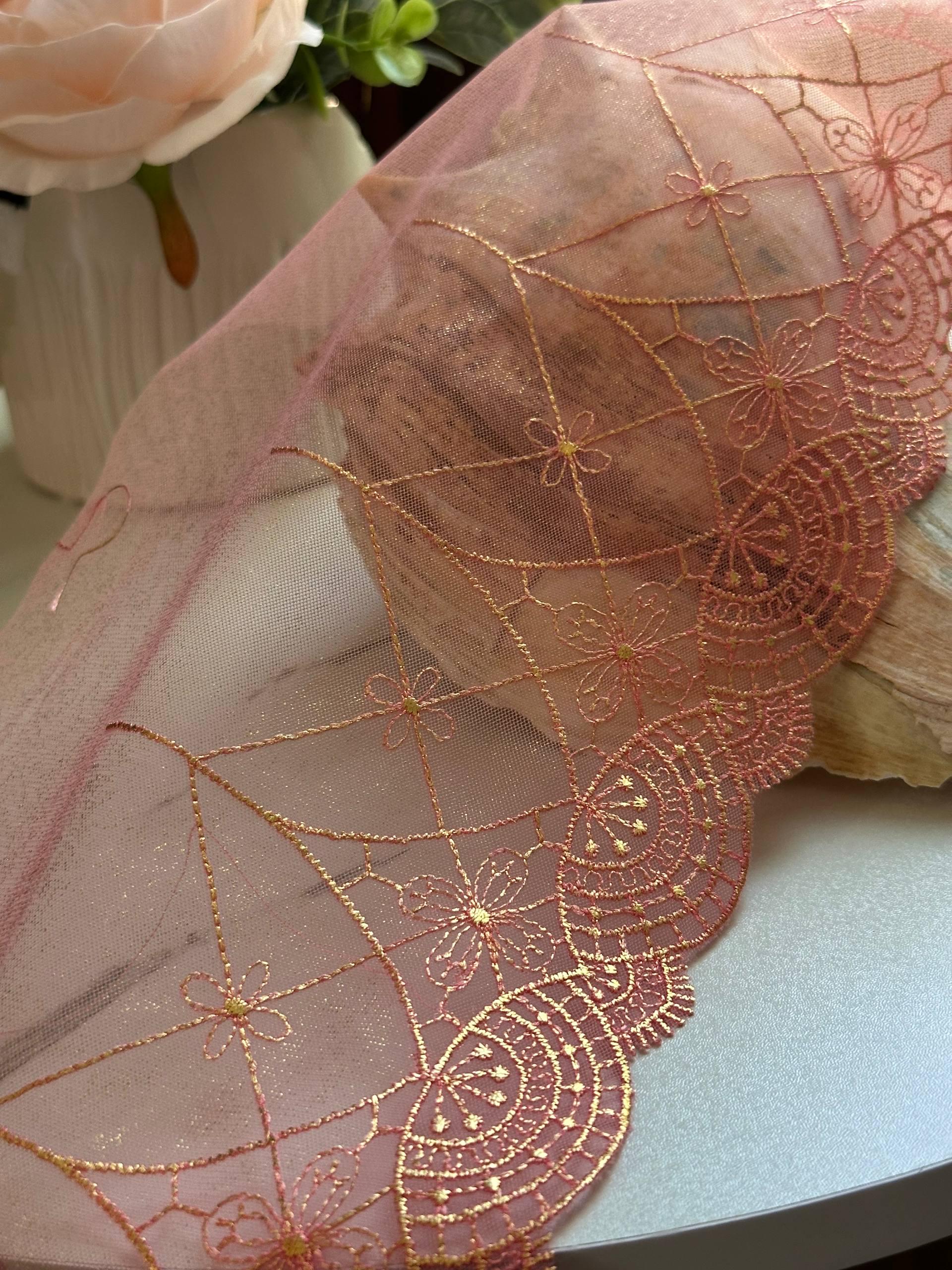 Iridescent Mermaid Pink Gold Embroidered Mesh Lace Trim by Yard, Shimmering Scalloped Tulle Ribbon, 6", Retail Wholesale Bulk