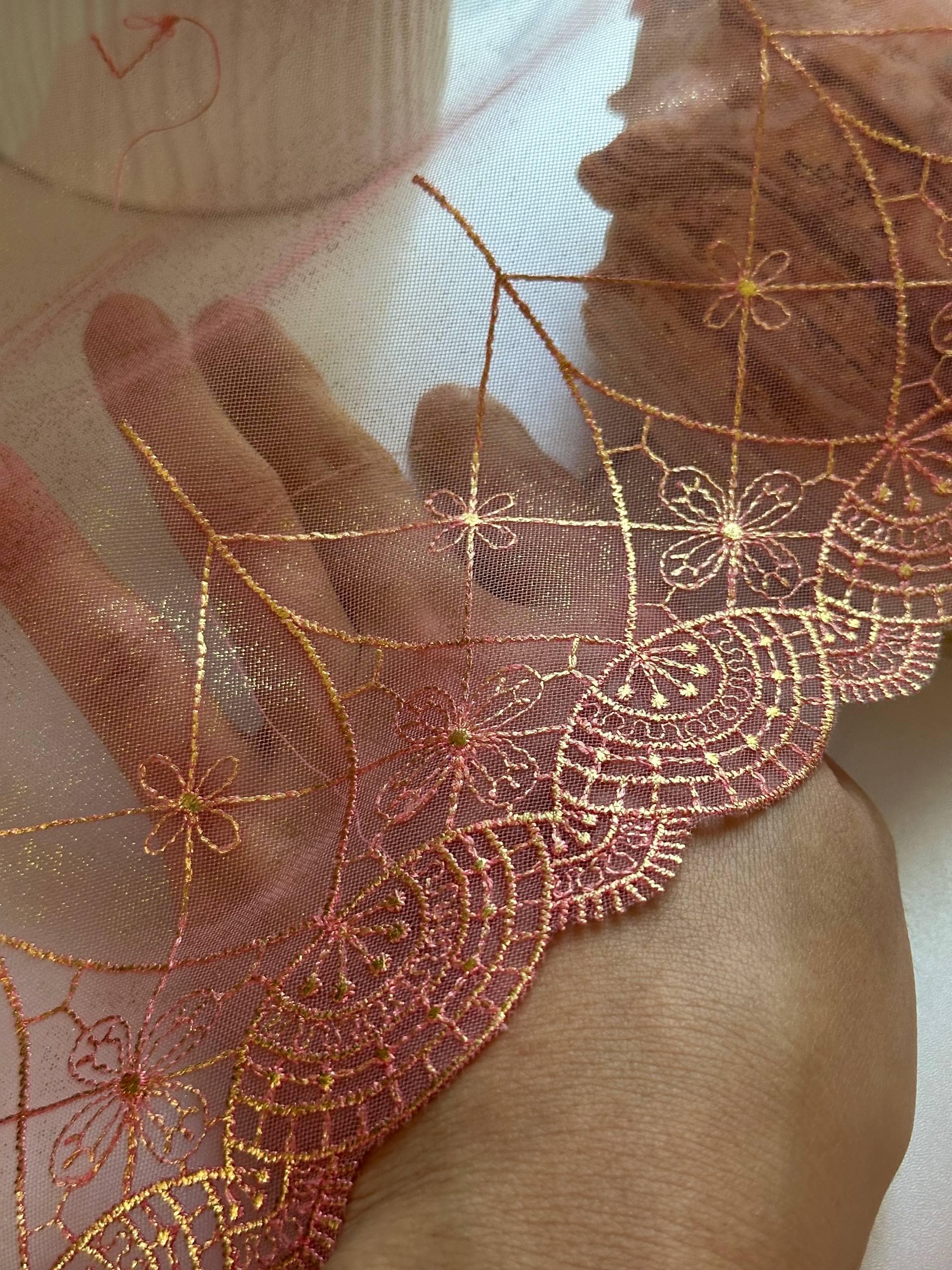 Iridescent Mermaid Pink Gold Embroidered Mesh Lace Trim by Yard, Shimmering Scalloped Tulle Ribbon, 6", Retail Wholesale Bulk
