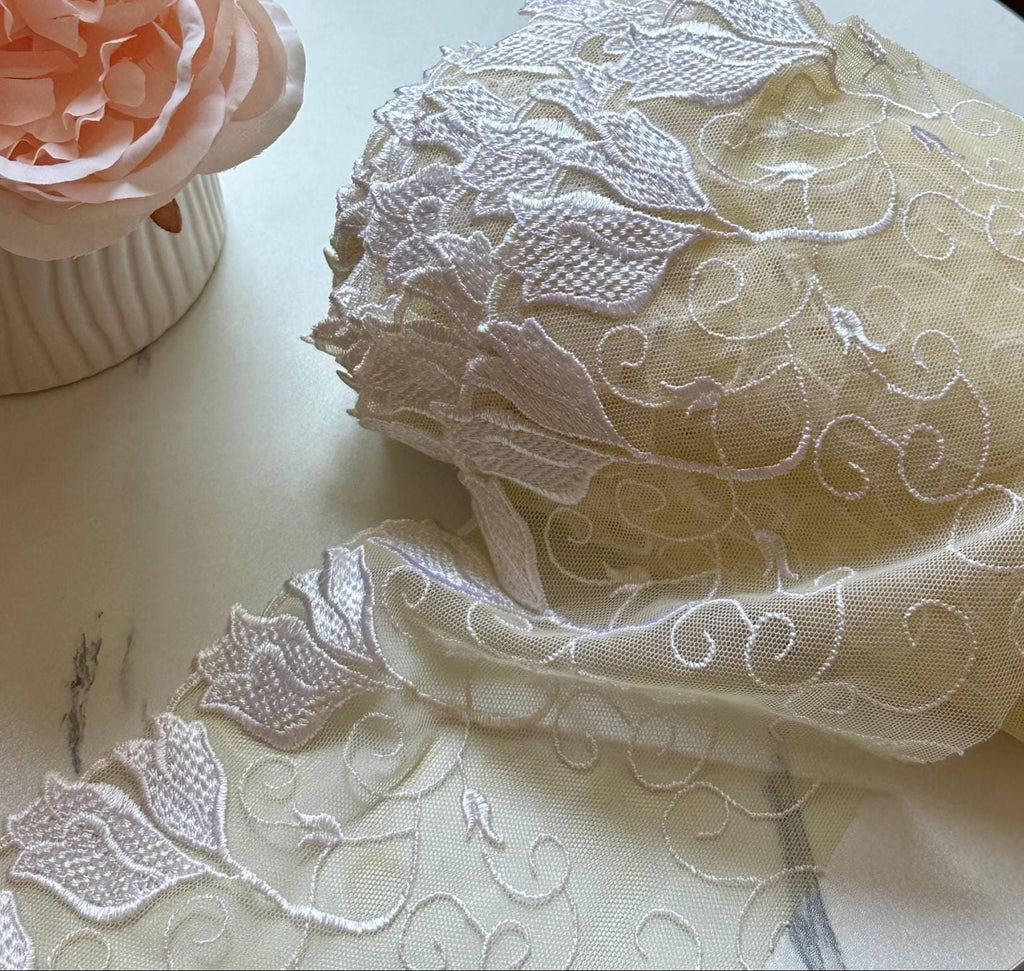Butter Yellow Ivory Floral Embroidered Mesh Lace Trim by Yard, Tulip Scalloped Tulle Ribbon, 5.3", Retail Wholesale Bulk