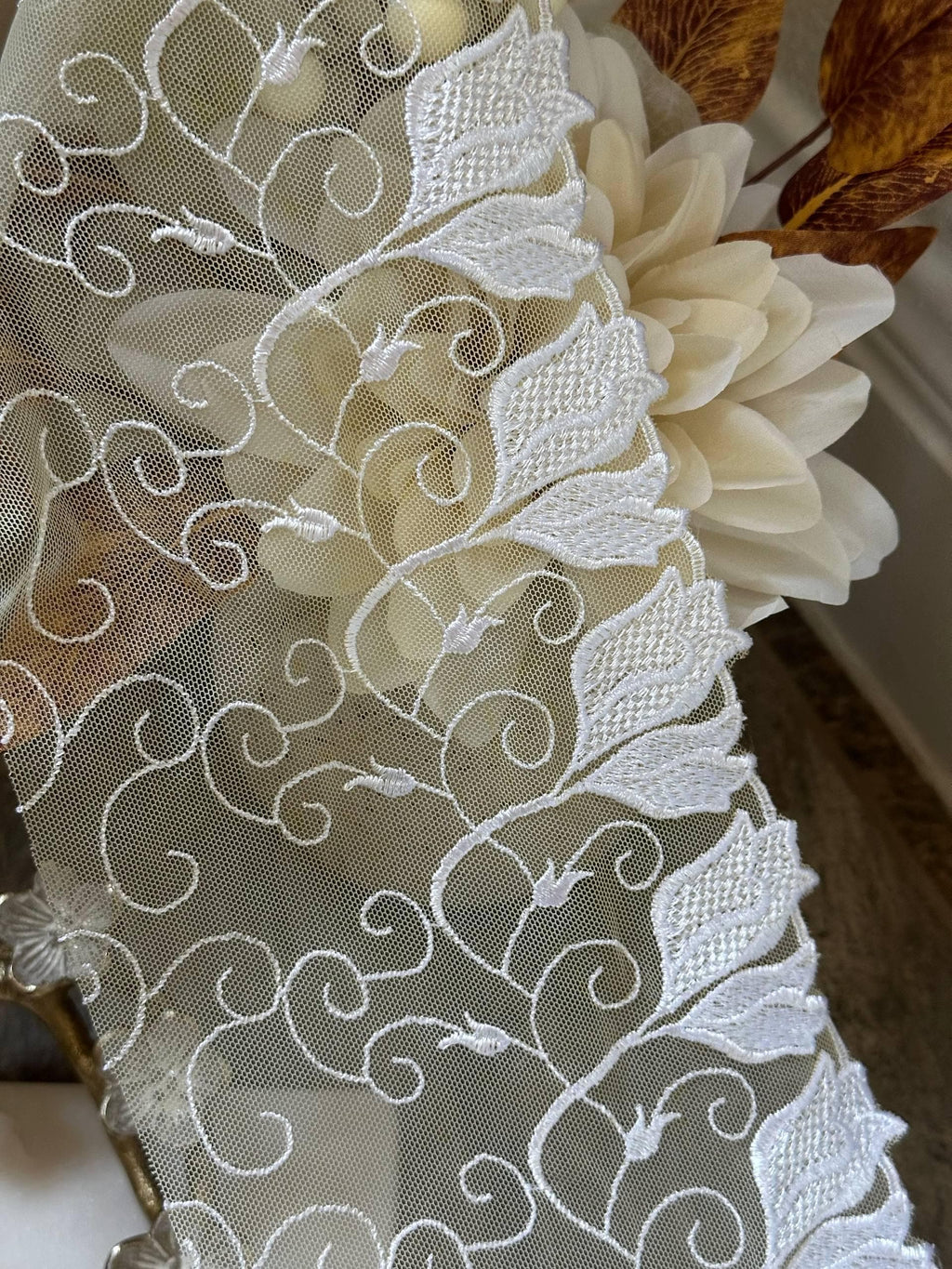 Butter Yellow Ivory Floral Embroidered Mesh Lace Trim by Yard, Tulip Scalloped Tulle Ribbon, 5.3", Retail Wholesale Bulk