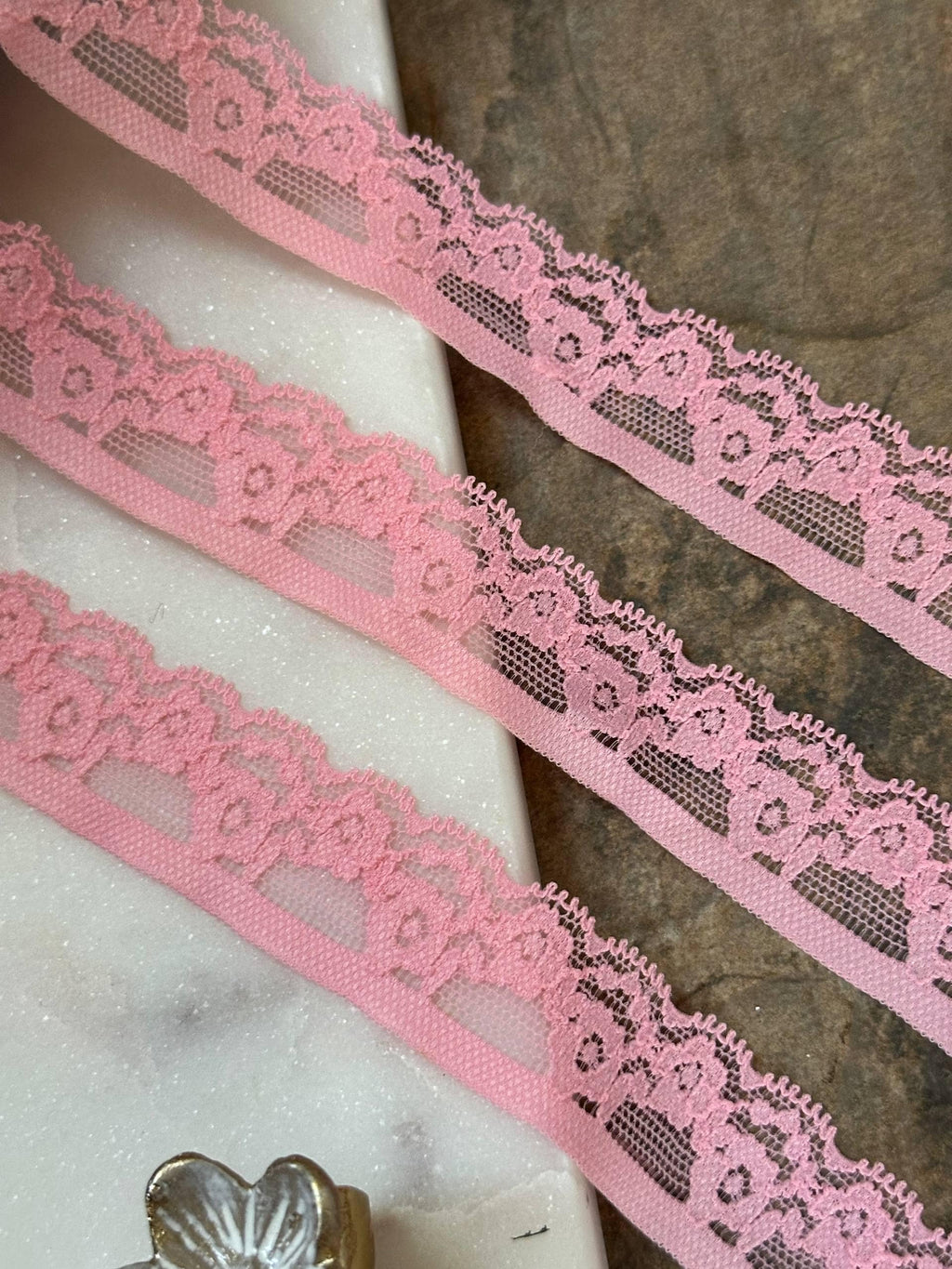 Soft Pink Stretch Lace Trim by Yard, Floral Scalloped Elastic Ribbon, Coquette Craft Supply, 1", Retail Wholesale Bulk