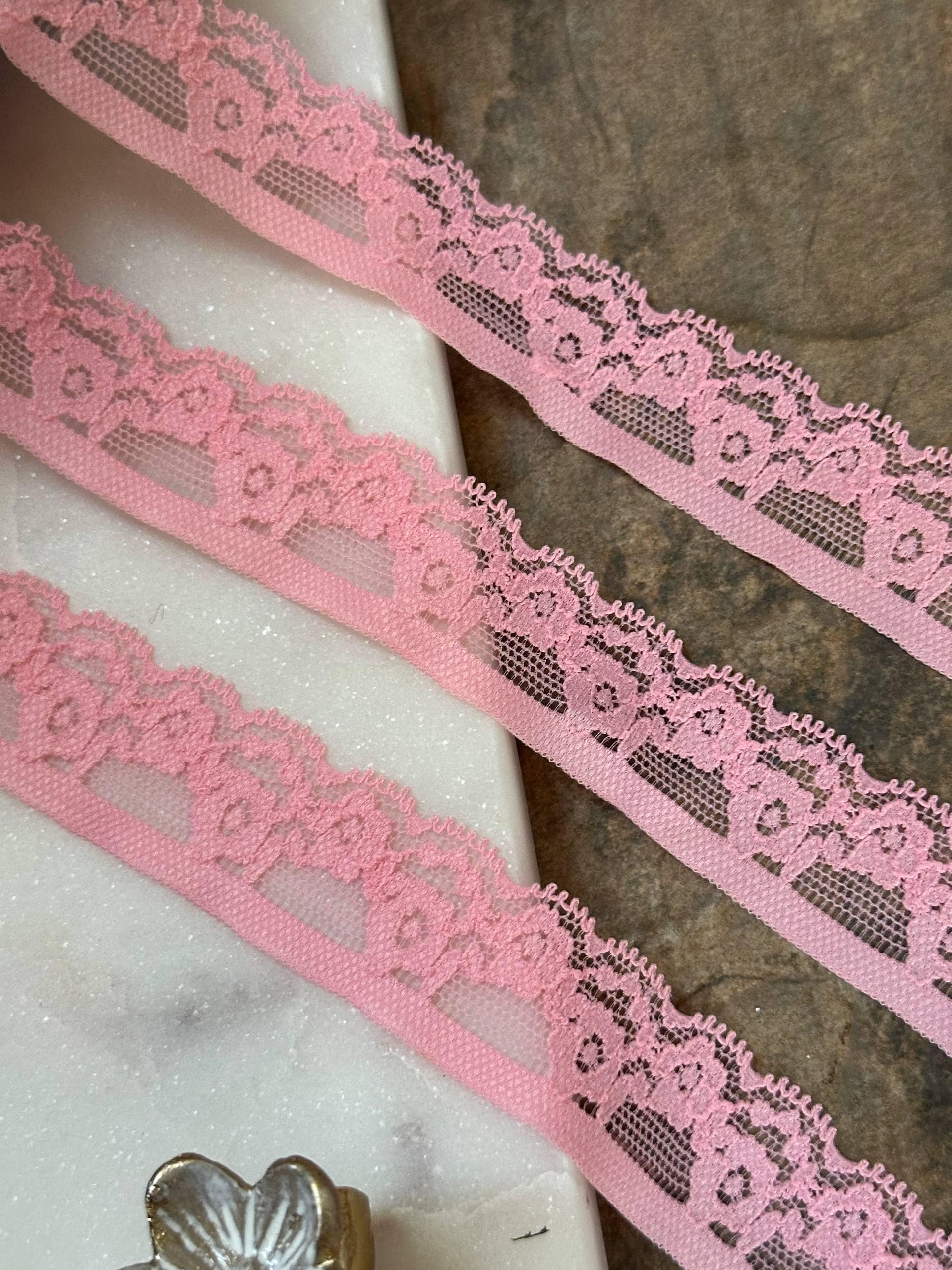 Soft Pink Stretch Lace Trim by Yard, Floral Scalloped Elastic Ribbon, Coquette Craft Supply, 1", Retail Wholesale Bulk