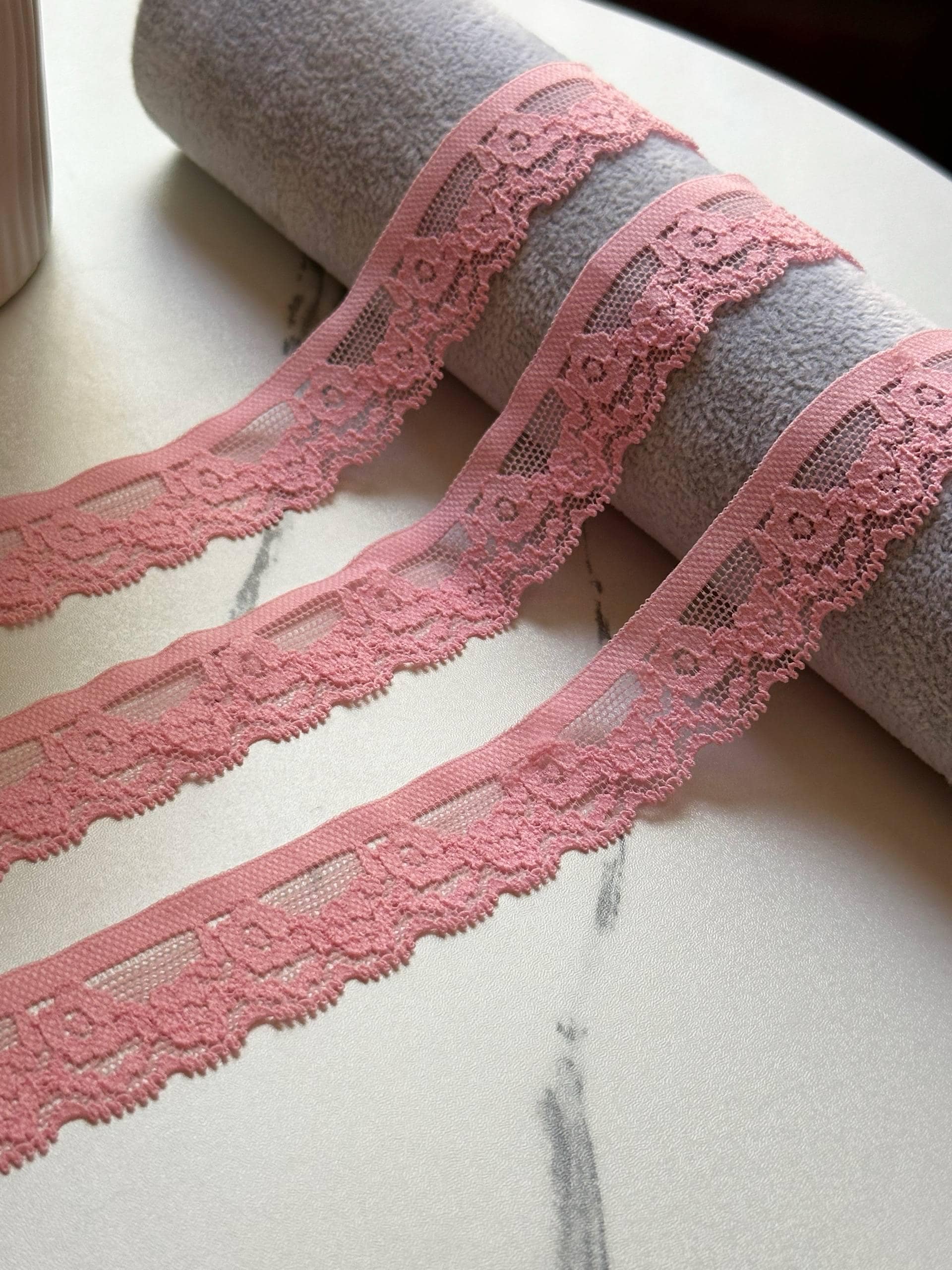 Soft Pink Stretch Lace Trim by Yard, Floral Scalloped Elastic Ribbon, Coquette Craft Supply, 1", Retail Wholesale Bulk