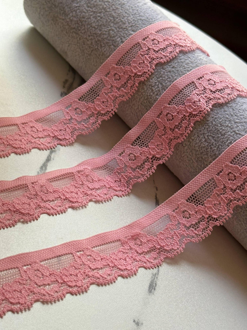 Soft Pink Stretch Lace Trim by Yard, Floral Scalloped Elastic Ribbon, Coquette Craft Supply, 1", Retail Wholesale Bulk