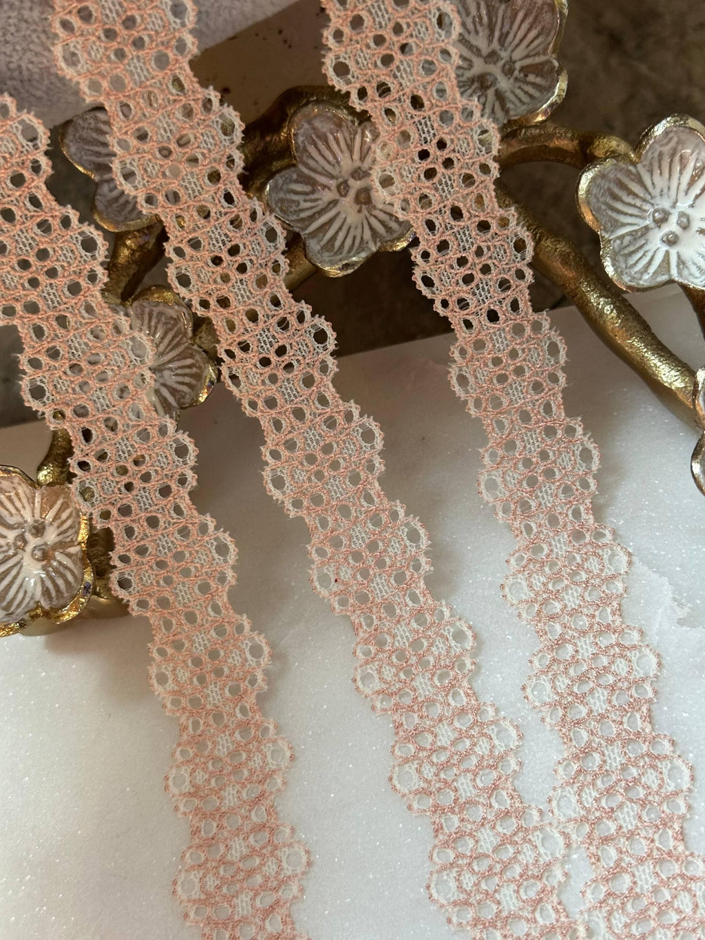 Two Tone Pink Cream Stretch Lace Trim by Yard, Elastic Ribbon, Coquette Craft Supply, 0.85", Retail Wholesale Bulk