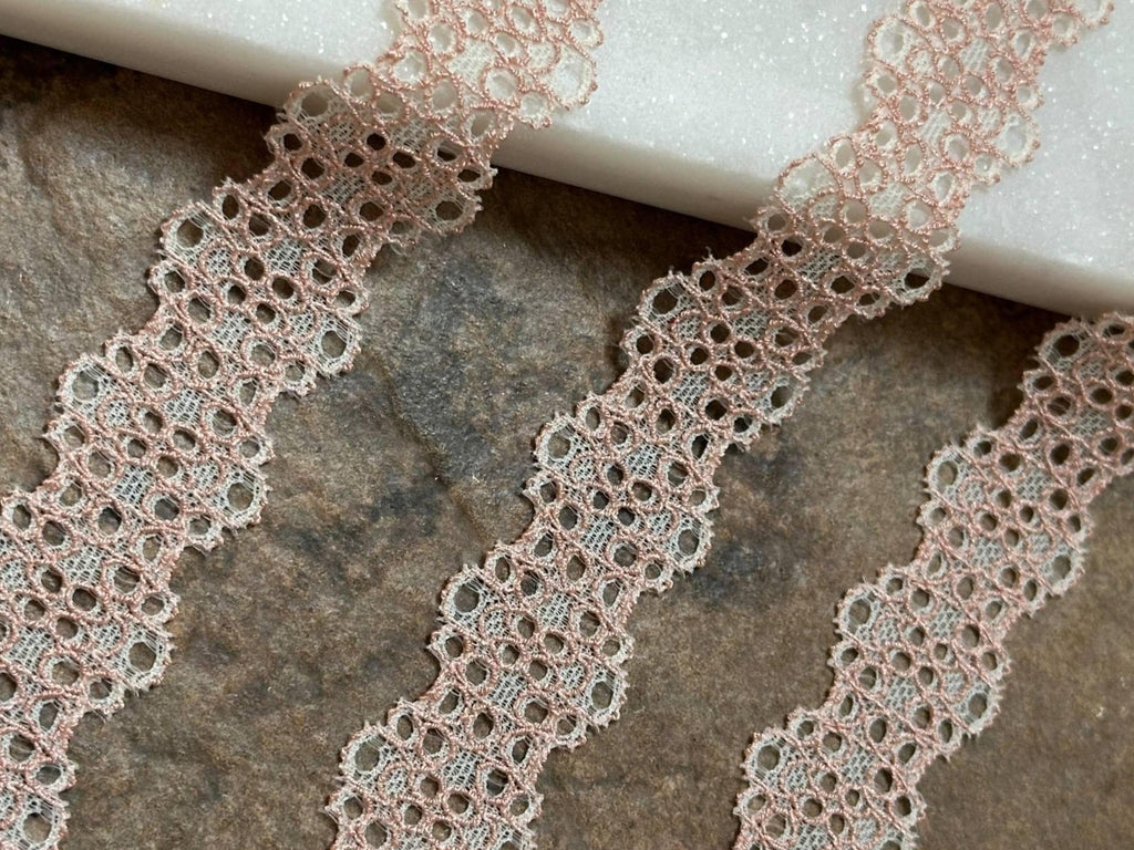 Two Tone Pink Cream Stretch Lace Trim by Yard, Elastic Ribbon, Coquette Craft Supply, 0.85", Retail Wholesale Bulk