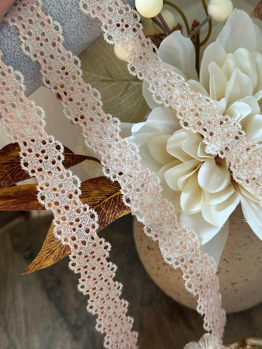 Two Tone Pink Cream Stretch Lace Trim by Yard, Elastic Ribbon, Coquette Craft Supply, 0.85", Retail Wholesale Bulk