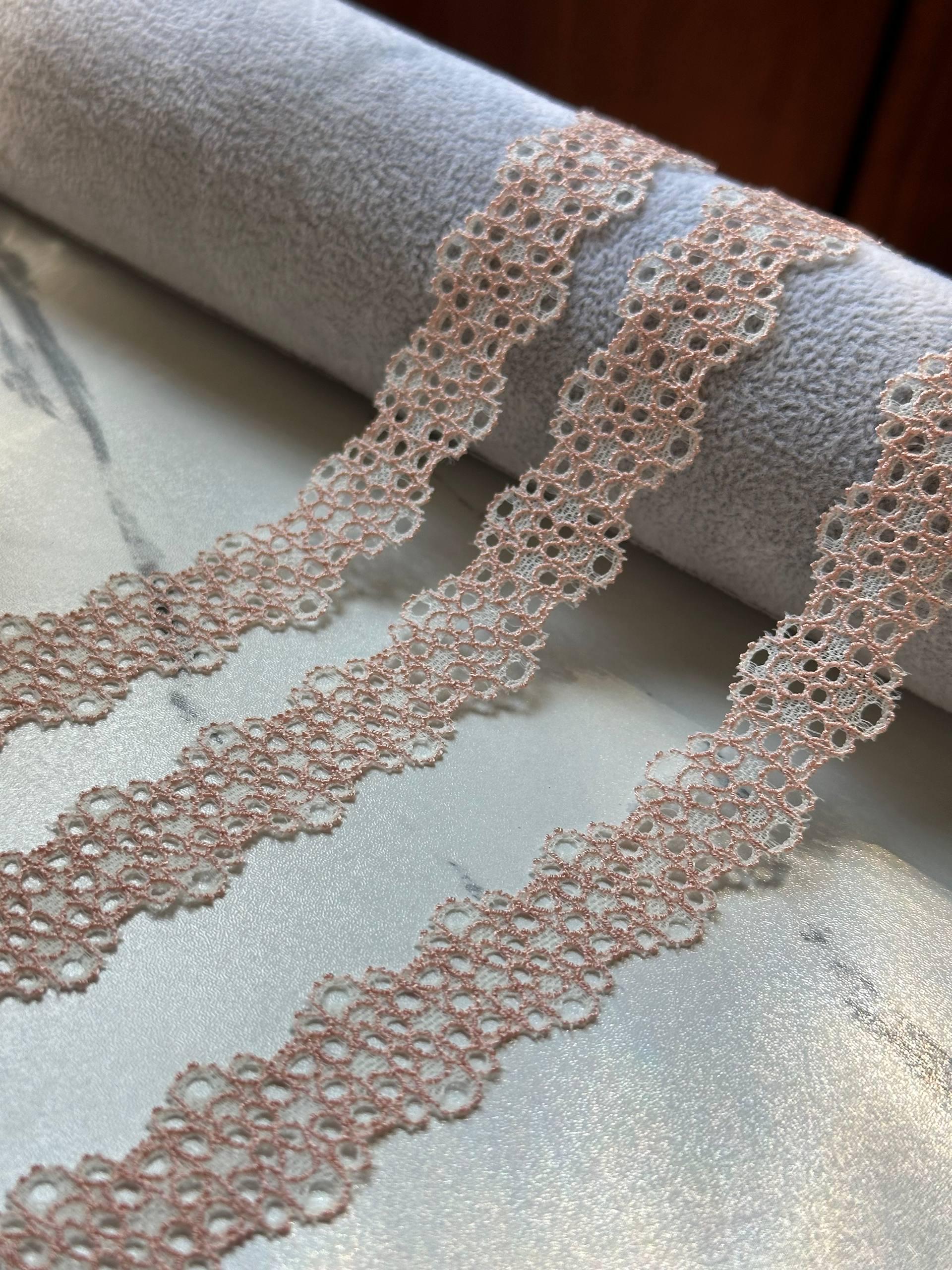 Two Tone Pink Cream Stretch Lace Trim by Yard, Elastic Ribbon, Coquette Craft Supply, 0.85", Retail Wholesale Bulk