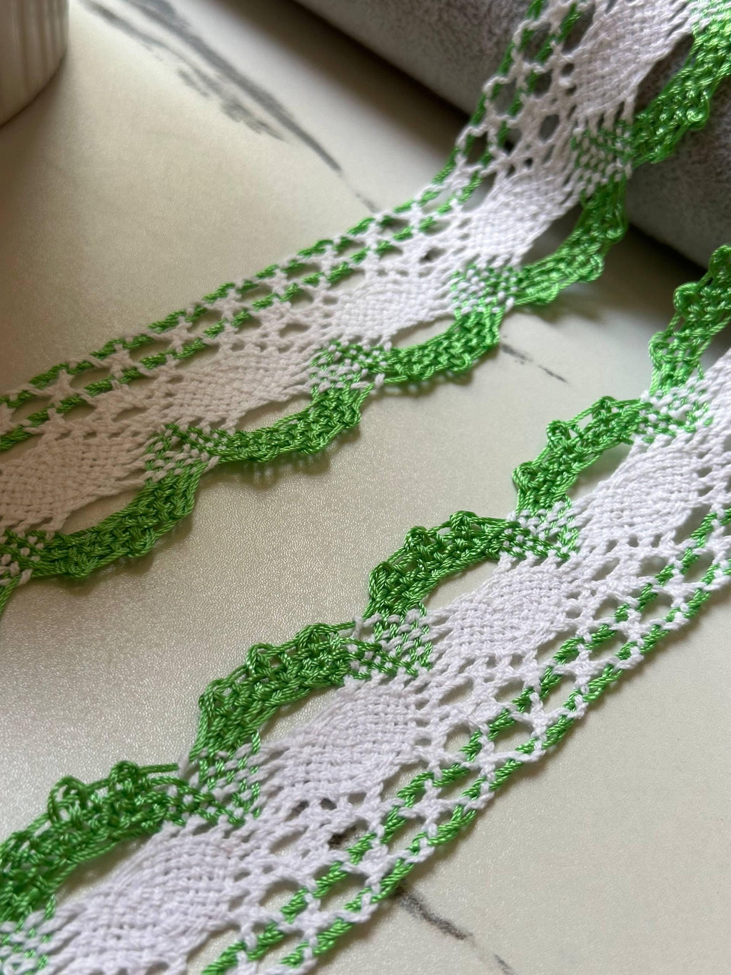 Two Tone Green White Crochet Cotton Lace Trim, Openwork Ribbon, Coquette Craft Supply, 1.5", Retail Wholesale Bulk
