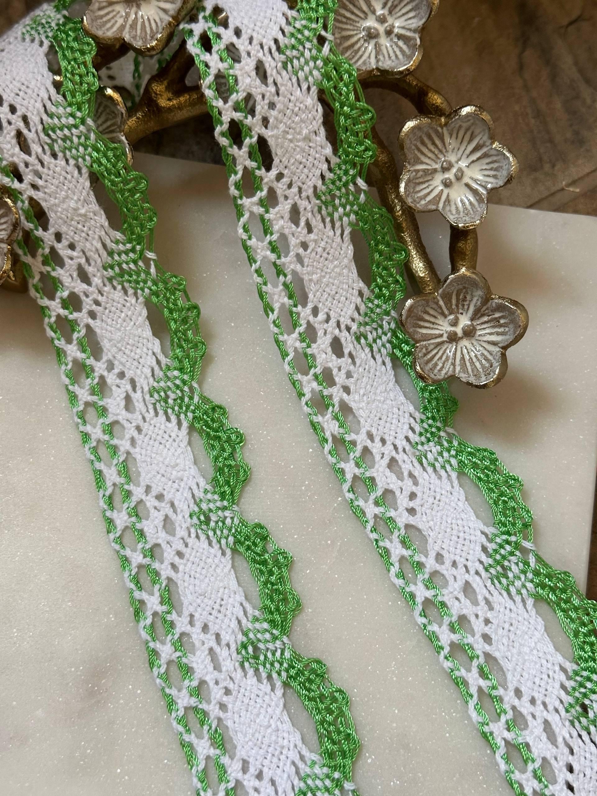 Two Tone Green White Crochet Cotton Lace Trim, Openwork Ribbon, Coquette Craft Supply, 1.5", Retail Wholesale Bulk