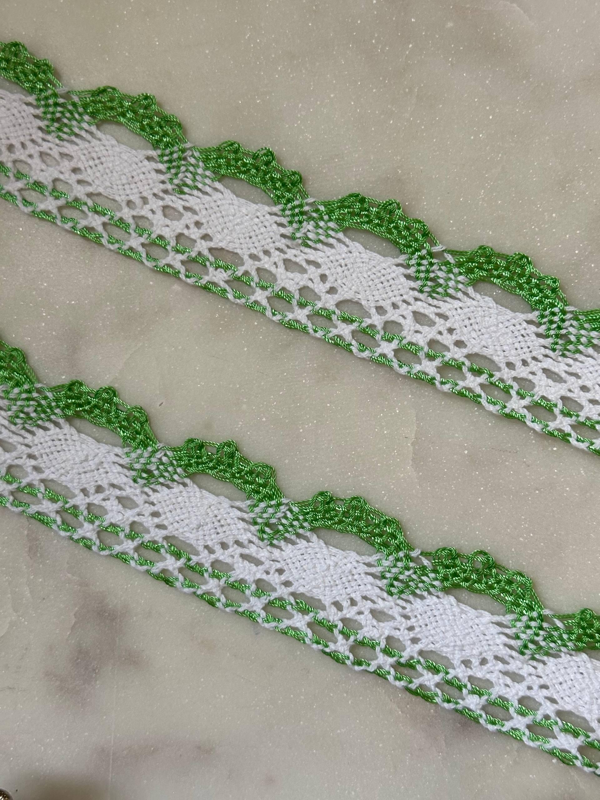 Two Tone Green White Crochet Cotton Lace Trim, Openwork Ribbon, Coquette Craft Supply, 1.5", Retail Wholesale Bulk