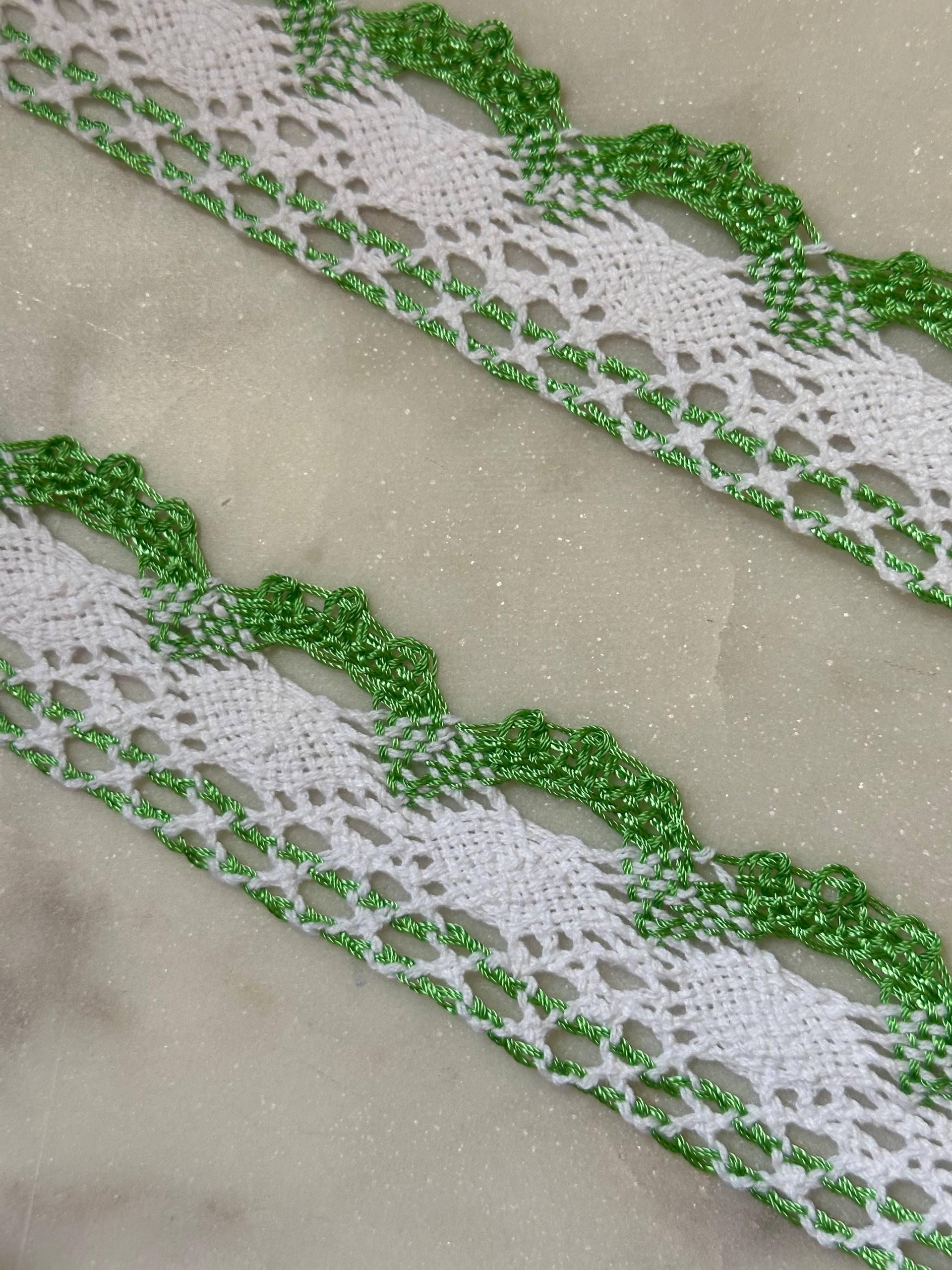 Two Tone Green White Crochet Cotton Lace Trim, Openwork Ribbon, Coquette Craft Supply, 1.5", Retail Wholesale Bulk