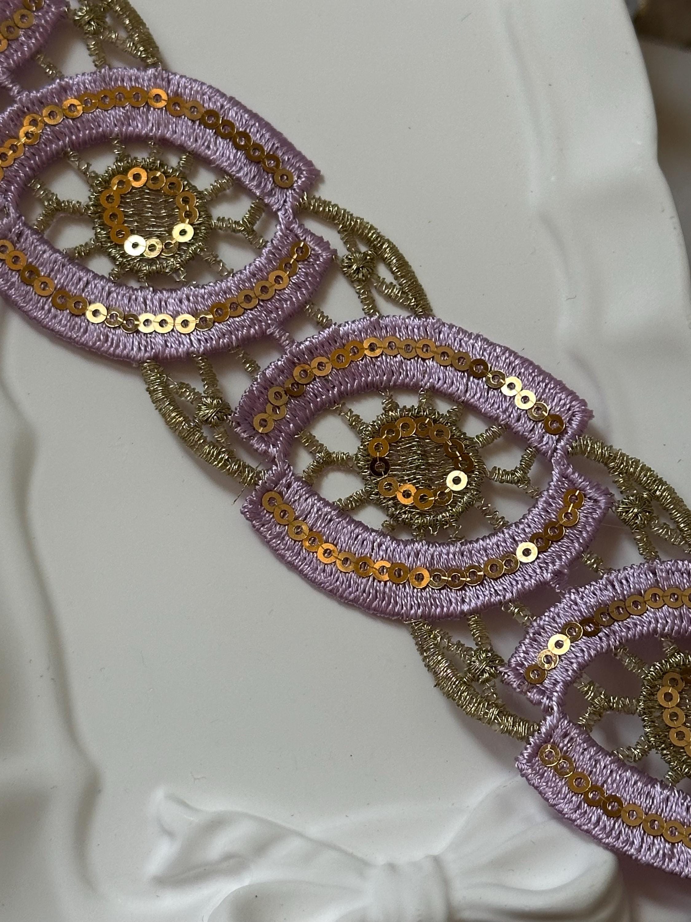 Lavender Gold Sequin Guipure Water Soluble Lace Trim Metallic Ribbon, Coquette Craft Supply, 1.5", Retail Wholesale Bulk