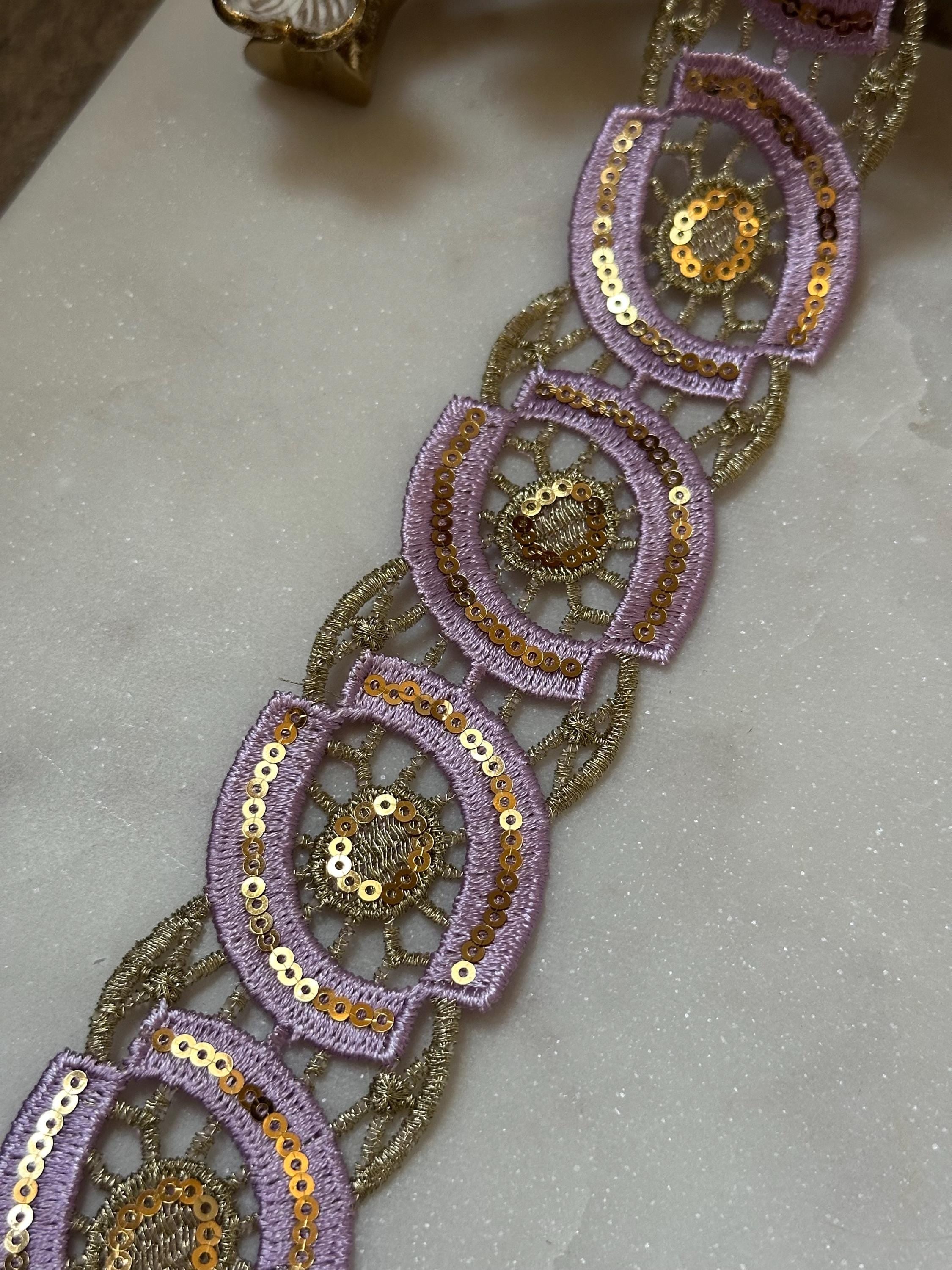Lavender Gold Sequin Guipure Water Soluble Lace Trim Metallic Ribbon, Coquette Craft Supply, 1.5", Retail Wholesale Bulk