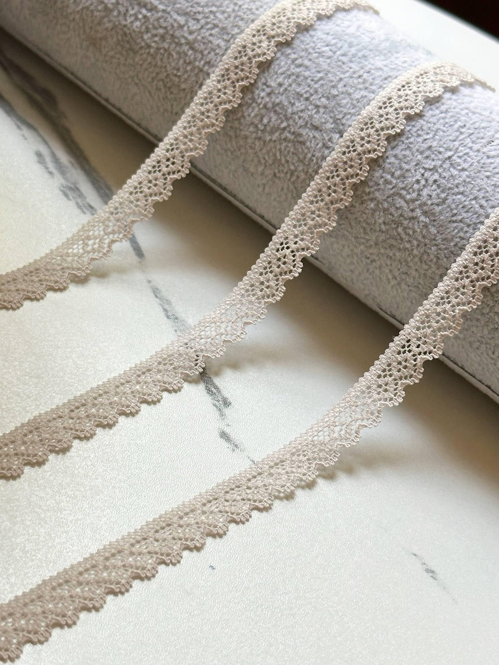 Greige Stretch Lace Trim by Yard, Oatmeal Ultra Narrow Elastic Ribbon, Coquette Craft Supply, 0.35", Retail Wholesale Bulk