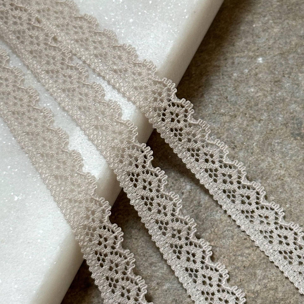 Greige Stretch Lace Trim by Yard, Oatmeal Ultra Narrow Elastic Ribbon, Coquette Craft Supply, 0.35", Retail Wholesale Bulk