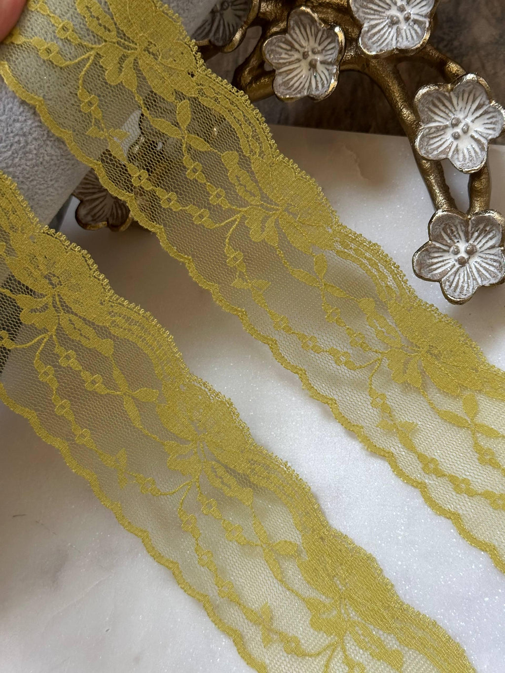 Mustard Yellow Floral Lace Trim by Yard, Non Stretch Drape Ribbon, Soft Skin Friendly Coquette Craft Supply, 2", Retail Wholesale Bulk