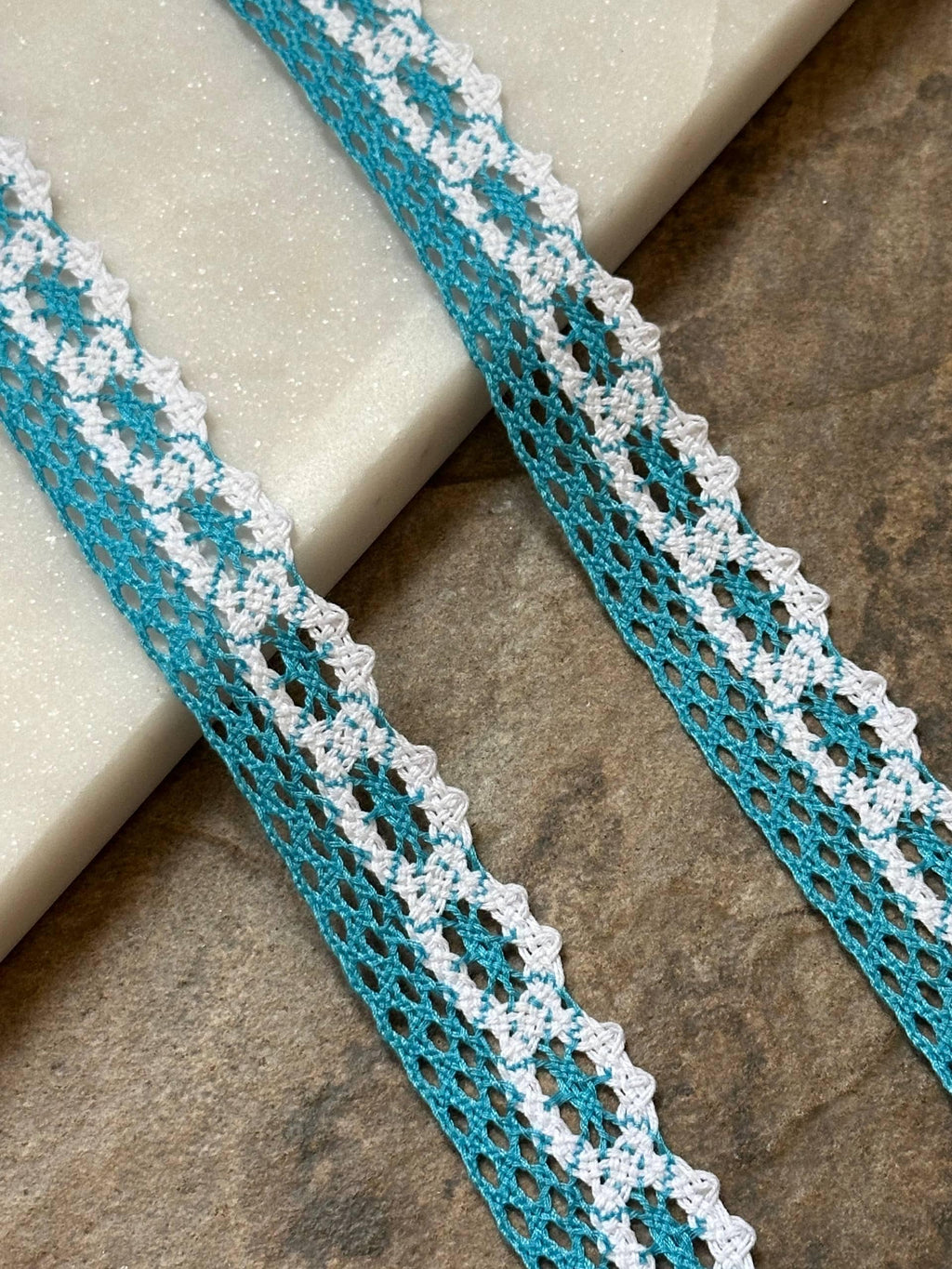 Two Tone Peacock Turquoise Cotton Lace Trim, Openwork Crochet Ribbon, Coquette Craft Supply, 0.85", Retail Wholesale Bulk