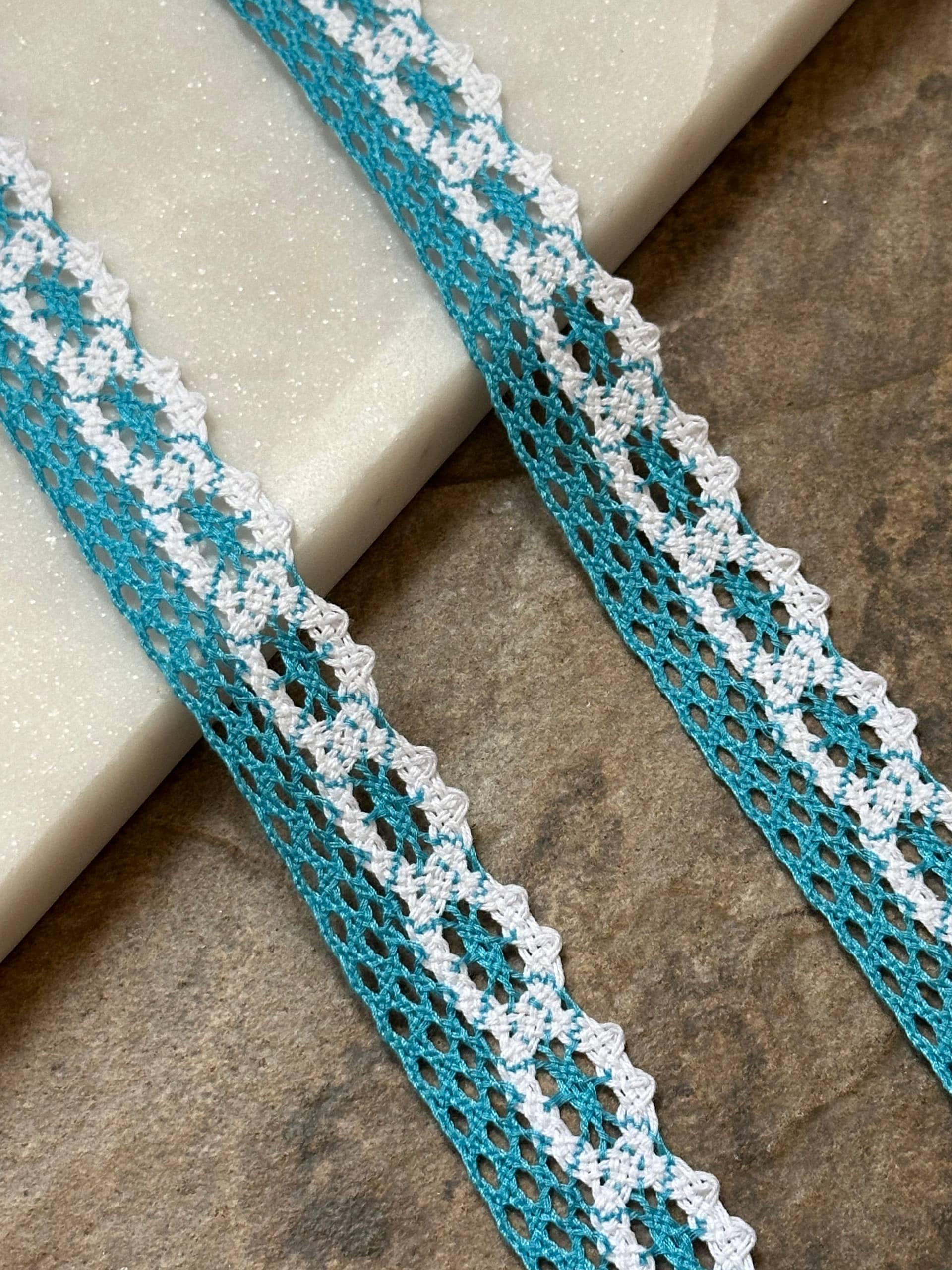 Two Tone Peacock Turquoise Cotton Lace Trim, Openwork Crochet Ribbon, Coquette Craft Supply, 0.85", Retail Wholesale Bulk