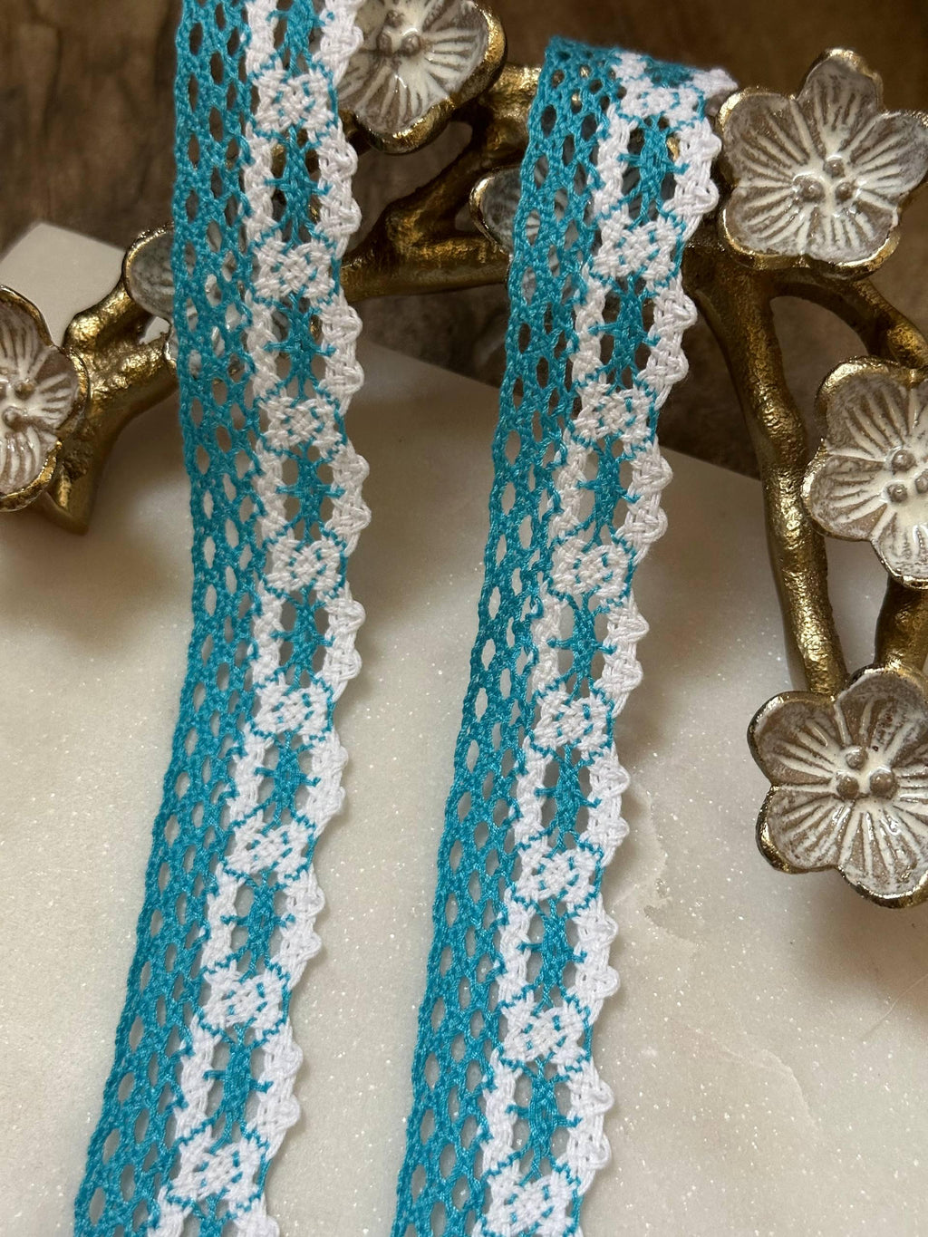 Two Tone Peacock Turquoise Cotton Lace Trim, Openwork Crochet Ribbon, Coquette Craft Supply, 0.85", Retail Wholesale Bulk